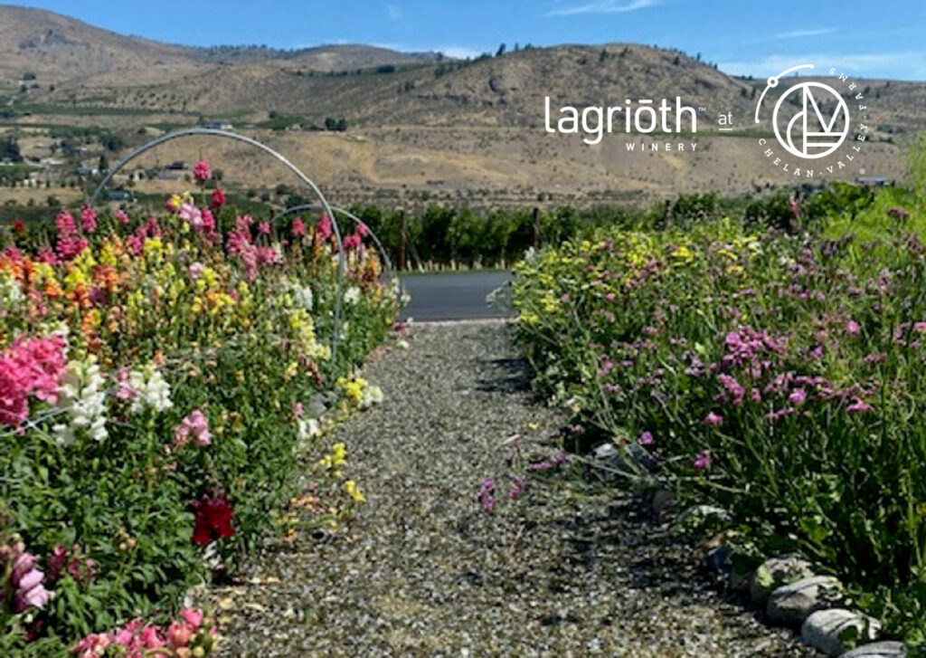 flower garden, equipped with paths made from glass of recycled wine bottles on Chelan Valley Farms