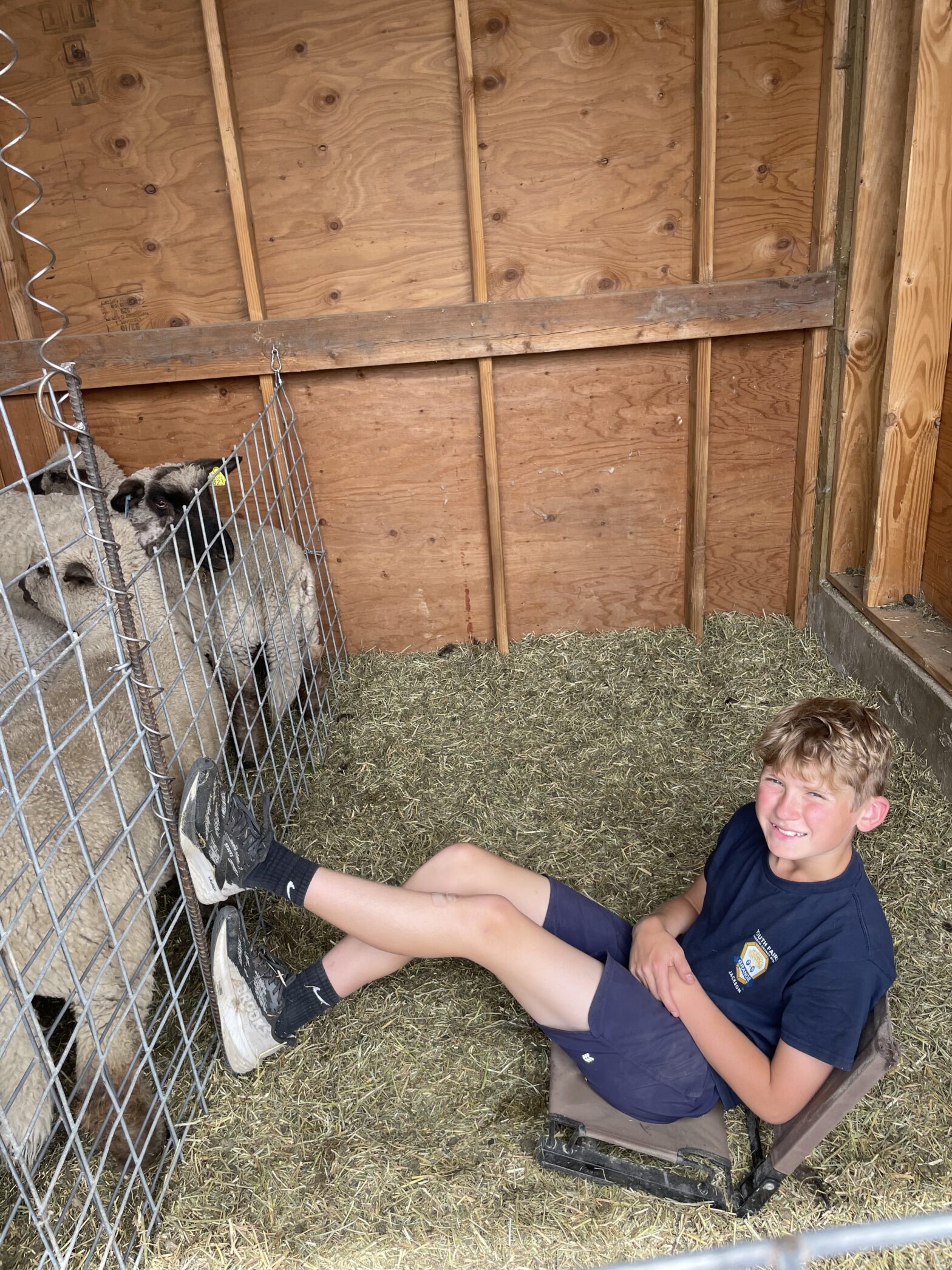 Jackson with our grass-fed sheep on shearing day — regenerative farming at Chelan Valley Farms.
